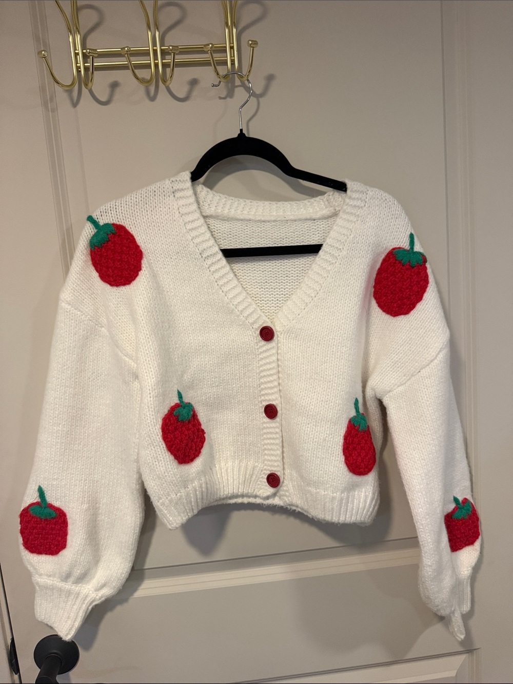 White Strawberry-Appliqué V-Neck Cardigan Sweater